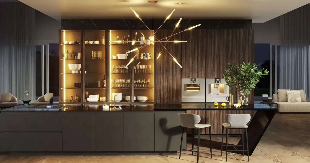 Cozinha Alabb em grafite mate com nicho em madeira e iluminação embutida