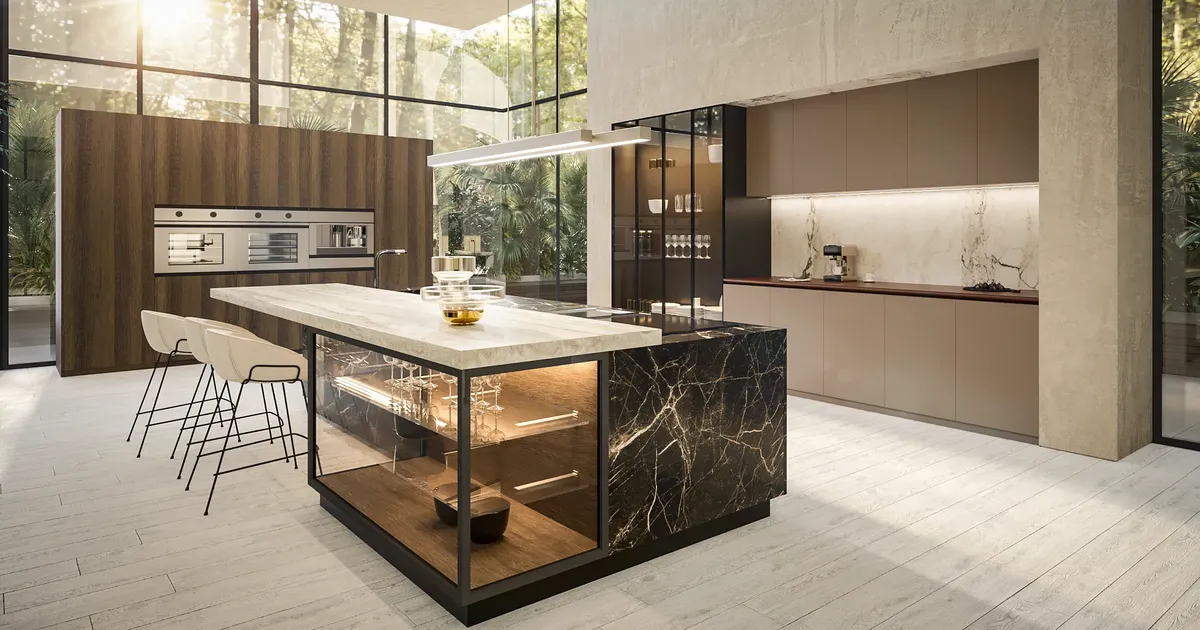 Cozinha Kineza com blocos geométricos puros e portas escamoteáveis